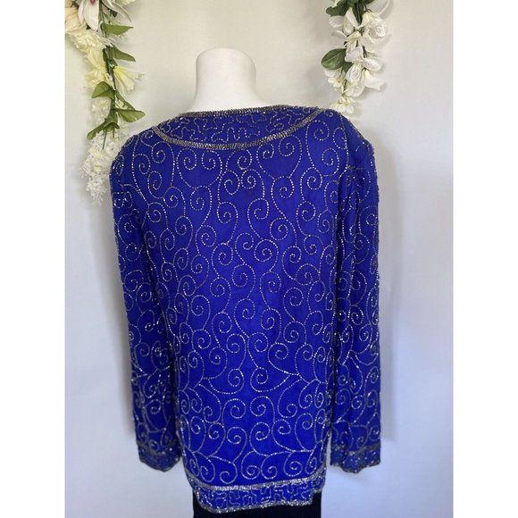 Vintage Silk Beaded Sequined Royal Blue and Silver Jacket Oversized Size XS GUC - Picture 6 of 12